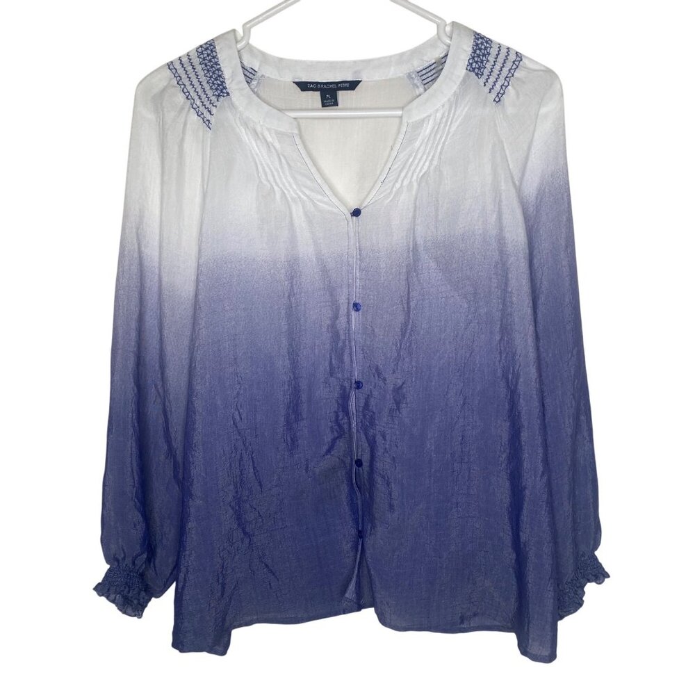 Zac & Rachel Button Down Tunic Top Womens Petite L Blue Ombre Blouse Long Sleeve